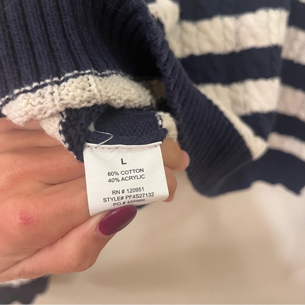Women’s ribbed sweater sage + stone beige navy striped crew neck - Picture 4 of 4